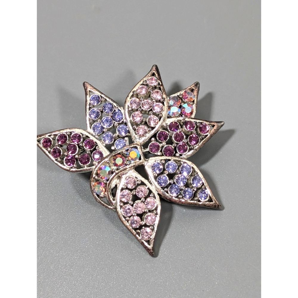 Pink Purple AB Crystal Pave Flower Brooch PIn Pendant Silver Tone